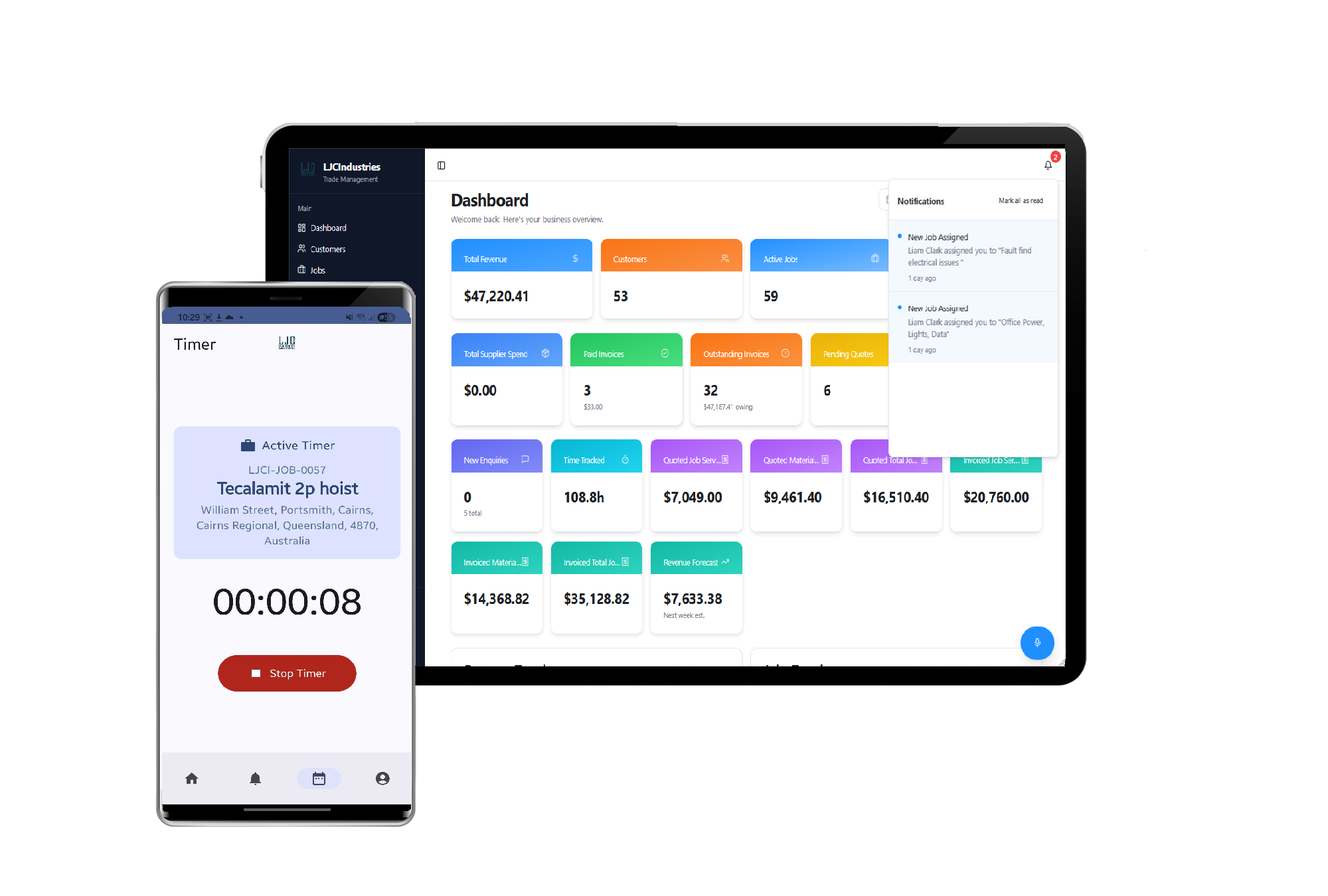 MJC Job Manager dashboard on laptop and companion app on mobile device