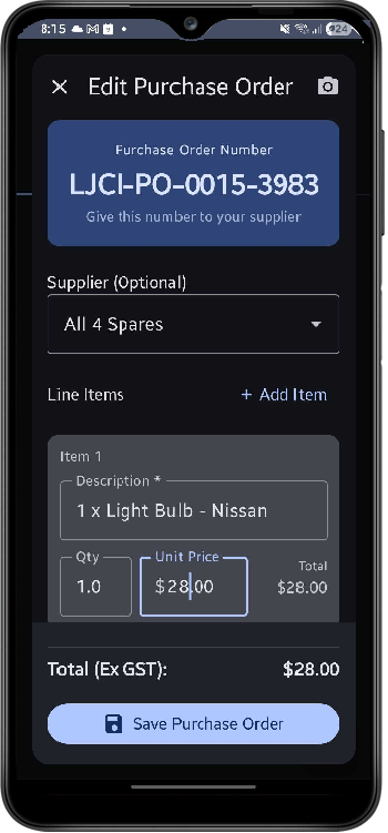 Purchase order generation in MJC Job Manager companion app